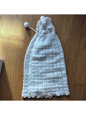 Handmade Crocheted White Baby Hooded Blanket Cape w/ Pom Pom ties